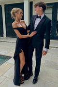 Black Off-Shoulder V-Neck Satin Ruffles Long Prom Dress, High Slit