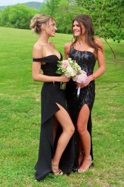 Black Off-Shoulder V-Neck Satin Ruffles Long Dress with High Slit