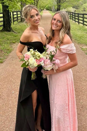 Black Off-Shoulder V-Neck Satin Ruffles Long Dress with High Slit