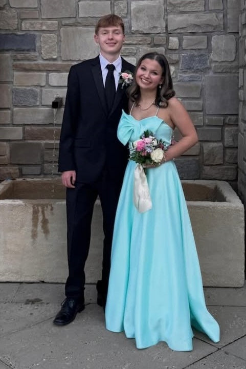 A-Line Blue Spaghetti Straps Bow Satin Empire-Waist Prom Dress - Princessly A-Line Blue Spaghetti Straps Bow Satin Empire-Waist Prom Dress - Princessly