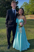 A-Line Blue Spaghetti Straps Bow Satin Empire-Waist Prom Dress