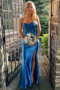 Blue Satin Spaghetti Straps Sweetheart Pleats Mermaid Prom Dress, Slit
