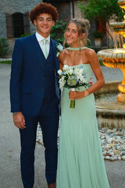 Strapless Scoop Neck Sleeveless Pleated Long Prom Dress