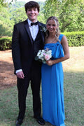 Blue One Shoulder Bow Empire-Waist Sleeveless Long Prom Dress