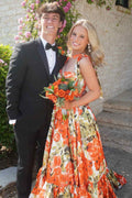 A-Line Bow Straps Print Sleeveless Satin Flounce Long Prom Dress