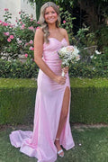 Pink Strapless Sweetheart Pleats Sleeveless Satin High Slit Prom Dress, Bow