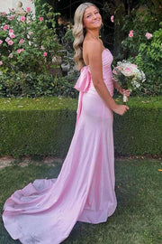 Pink Strapless Pleats Sleeveless Satin High Slit Dress with Bow