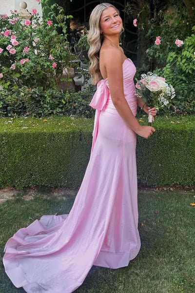 Pink Strapless Pleats Sleeveless Satin High Slit Dress with Bow