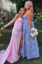 Pink Strapless Pleats Sleeveless Satin High Slit Dress with Bow