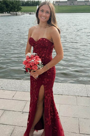 Strapless Sweetheart Lace Appliques Prom Dress with Slit