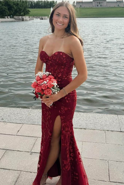 Strapless Sweetheart Lace Appliques Prom Dress with Slit