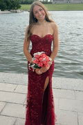 Mermaid Burgundy Strapless Sweetheart Lace Prom Dress, Slit