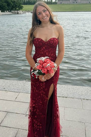 Strapless Sweetheart Lace Appliques Prom Dress with Slit