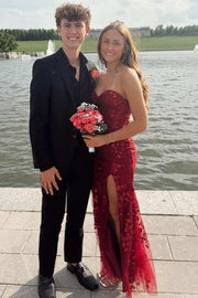 Strapless Sweetheart Lace Appliques Prom Dress with Slit
