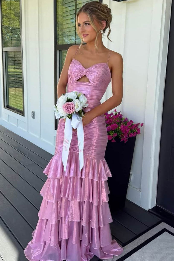 Spaghetti Straps V-Neck Ruffles Metallic Sleeveless Long Prom Dress - Princessly Spaghetti Straps V-Neck Ruffles Metallic Sleeveless Long Prom Dress - Princessly