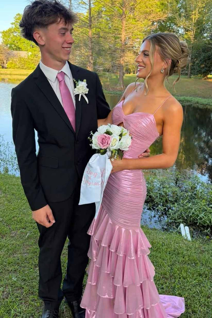 Spaghetti Straps V-Neck Ruffles Metallic Sleeveless Long Prom Dress Spaghetti Straps V-Neck Ruffles Metallic Sleeveless Long Prom Dress
