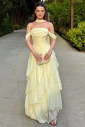 Yellow Satin Chiffon Off Shoulder A-Line Ruffles Long Prom Dress