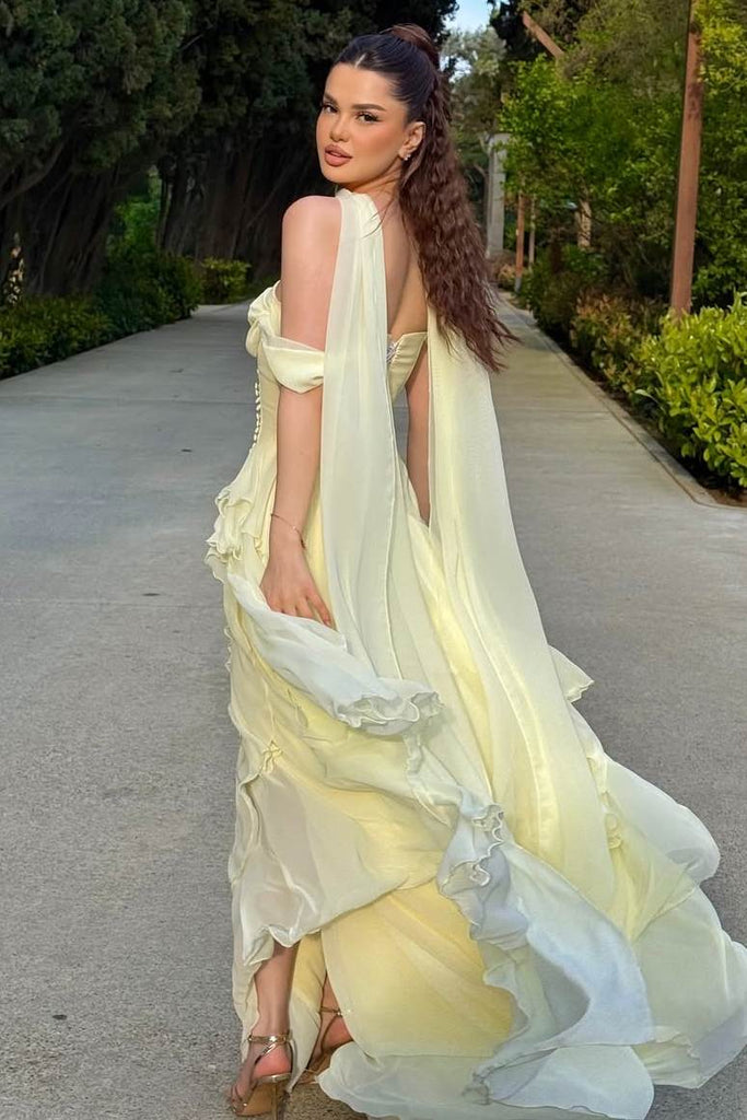 Yellow Satin Chiffon Off Shoulder A-Line Ruffles Long Prom Dress Yellow Satin Chiffon Off Shoulder A-Line Ruffles Long Prom Dress