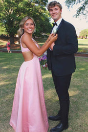 Pink A-Line Empire-Waist Satin Hollow Out Sleeveless Long Prom Dress