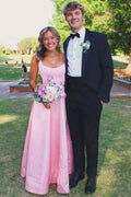 A-Line Pink Satin Hollow Out Scoop Sleeveless Long Prom Dress