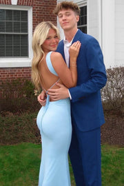 Blue Straps Backless Scoop Neck Satin Pleats Fitted Long Party Prom Dress
