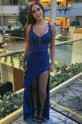 Blue Satin V-Neck Straps Sleeveless Lace Pleats Long Prom Dress, Slit