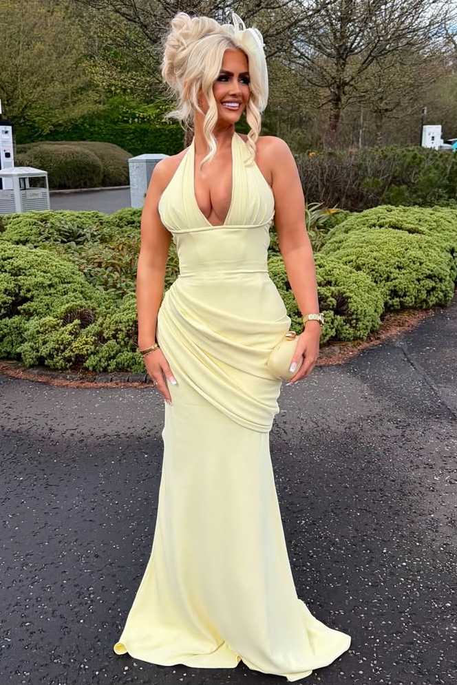 Yellow Satin Halter V-Neck Pleats Sleeveless Mermaid Long Prom Dress Yellow Satin Halter V-Neck Pleats Sleeveless Mermaid Long Prom Dress