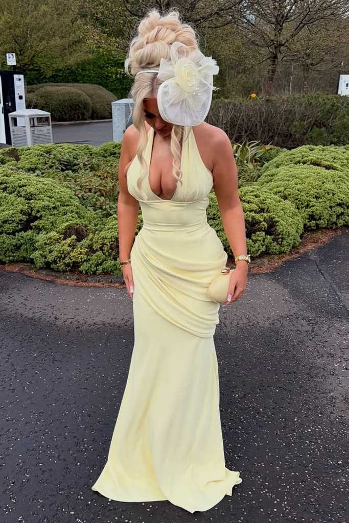 Yellow Satin Halter V-Neck Pleats Sleeveless Mermaid Long Prom Dress Yellow Satin Halter V-Neck Pleats Sleeveless Mermaid Long Prom Dress
