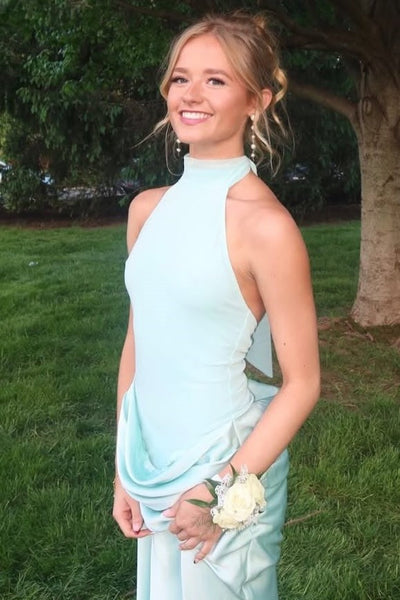 High Neck Sleeveless Satin Pleats Fitted Long Formal Prom Dress