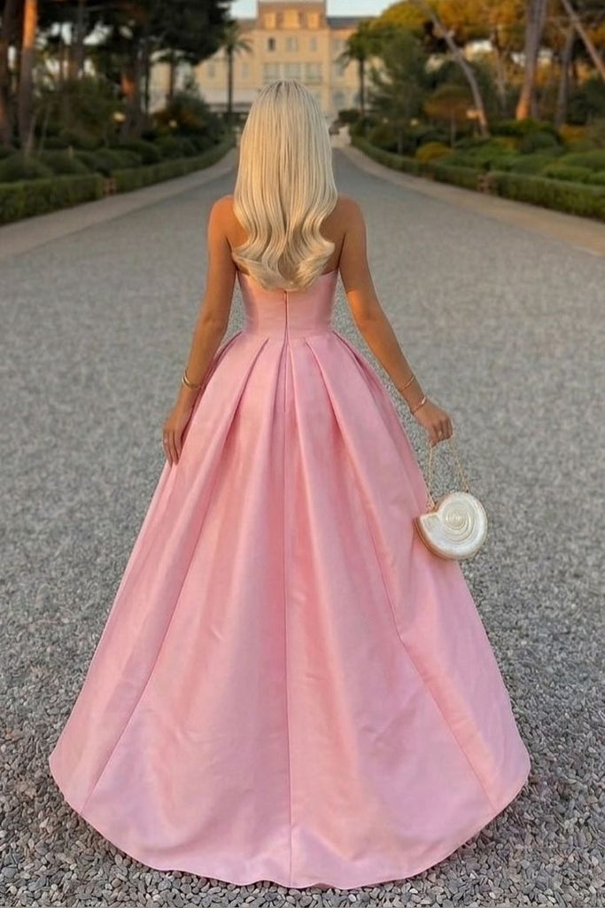 Pink A-Line Strapless Satin Pleated Long Formal Prom Dress - Princessly Pink A-Line Strapless Satin Pleated Long Formal Prom Dress - Princessly