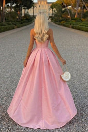 Pink A-Line Strapless Empire-Waist Satin Pleated Long Prom Dress