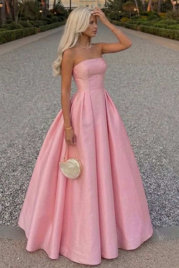 Pink A-Line Strapless Satin Pleated Long Formal Prom Dress