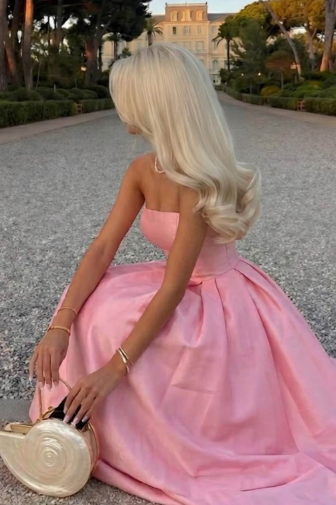 Pink A-Line Strapless Satin Pleated Long Formal Prom Dress - Princessly Pink A-Line Strapless Satin Pleated Long Formal Prom Dress - Princessly