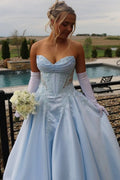 Blue Satin A-Line Strapless V-Neck Lace Satin Formal Prom Dress
