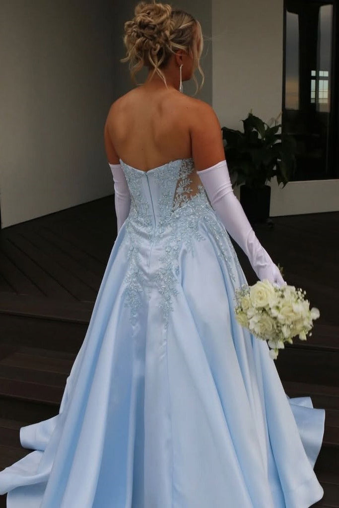 Blue Satin A-Line Strapless V-Neck Lace Satin Formal Prom Dress Blue Satin A-Line Strapless V-Neck Lace Satin Formal Prom Dress