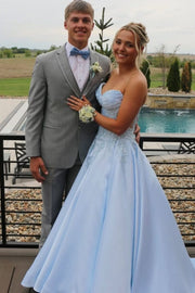 Elegant Blue A-Line Strapless V-Neck Empire-Waist Prom Dress with Appliques