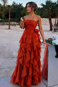 Strapless Scoop Neck A-Line Ruffles Satin Long Formal Prom Dress