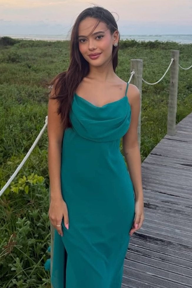 cowl neck prom dress green Satin Spaghetti Straps Slit Long Formal Category-Wall Mirror