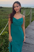Green Satin Spaghetti Straps Cowl Neck Slit Long Formal Prom Dress