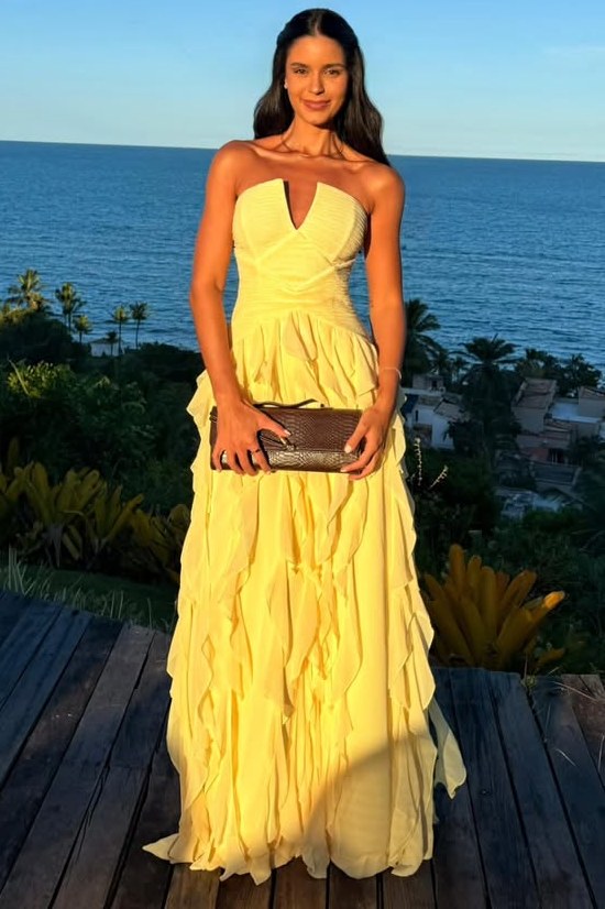 Yellow Satin A-Line Strapless Ruffles Sleeveless Formal Prom Dress