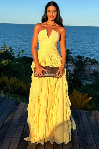 Yellow A-Line Strapless Empire-Waist Ruffles Sleeveless Dress