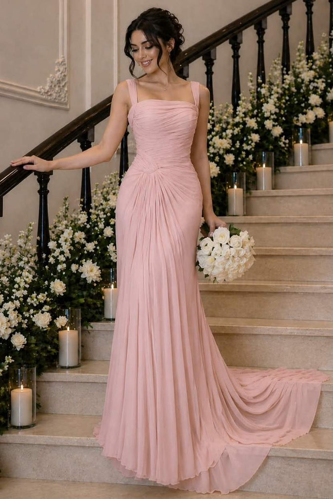 Pink Straps Square Pleats Chiffon Long Court Prom Evening Dress
