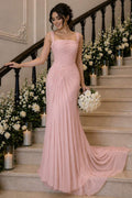 Pink Straps Square Pleats Chiffon Long Court Prom Evening Dress