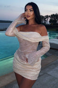 Long Sleeves Off-Shoulder Pleats White Glitter Short Homecoming Dress