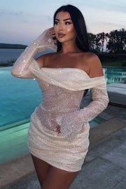 Long Sleeves Off-Shoulder Pleats Glitter Short Party Dress