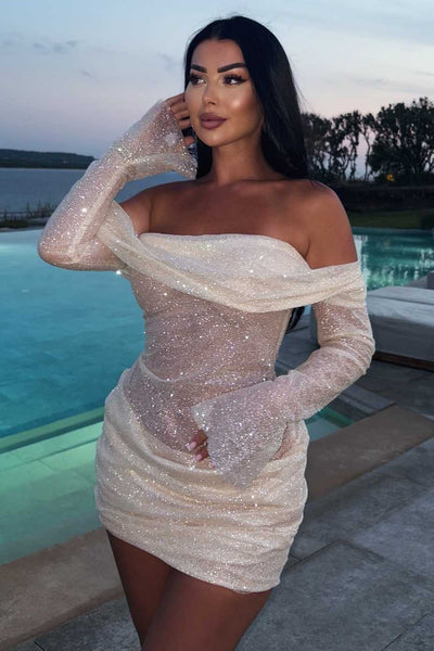 Long Sleeves Off-Shoulder Pleats Glitter Short Party Dress