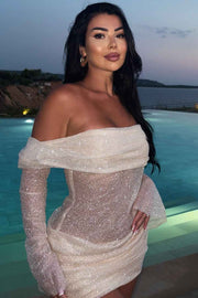 Long Sleeves Off-Shoulder Pleats Glitter Short Party Dress