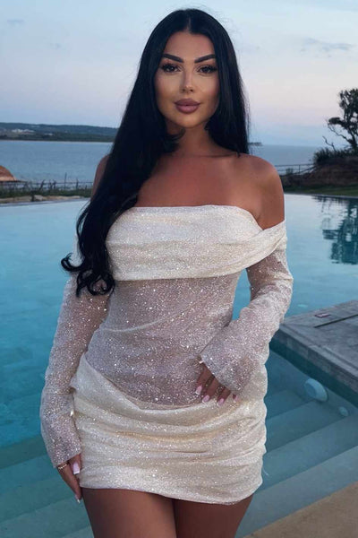 Long Sleeves Off-Shoulder Pleats Glitter Short Party Dress