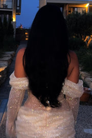 Long Sleeves Off-Shoulder Pleats Glitter Short Party Dress