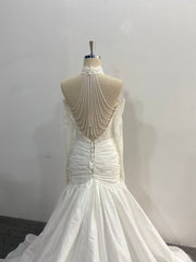 Mermaid Wedding Dress Off Shoulder Lace Beaded Back Chains Chapel High Neck